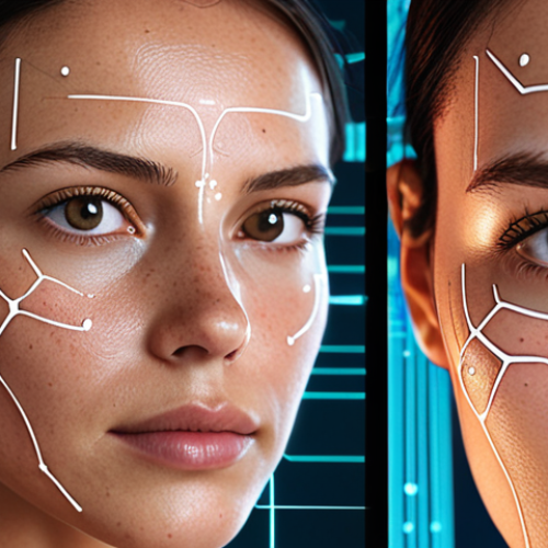 **Prompt 1: AI Skin Mapping**
    A close-up, high-resolution shot of a woman's face, with subtle, futuristic glowing digital overlays and data points visualized directly on her skin, representing a detailed AI-driven 'digital map' of her complexion. Advanced camera lenses or sensors are subtly visible in the foreground or background, emphasizing the precision and depth of the analysis. The lighting is clean and bright, highlighting the scientific and personalized nature of the skin scan.