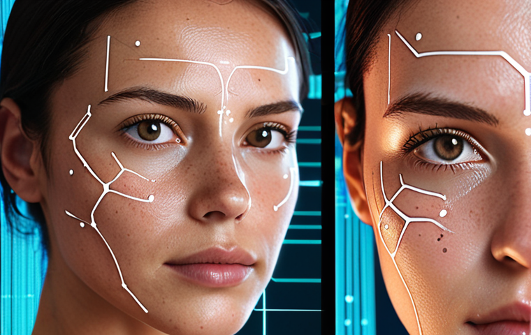 **Prompt 1: AI Skin Mapping**
    A close-up, high-resolution shot of a woman's face, with subtle, futuristic glowing digital overlays and data points visualized directly on her skin, representing a detailed AI-driven 'digital map' of her complexion. Advanced camera lenses or sensors are subtly visible in the foreground or background, emphasizing the precision and depth of the analysis. The lighting is clean and bright, highlighting the scientific and personalized nature of the skin scan.