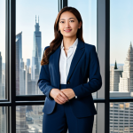 A professional businesswoman in a modest business suit, standing in a modern office with large windows overlooking a city skyline, fully clothed, appropriate attire, safe for work, perfect anatomy, natural proportions, professional photography, high quality.