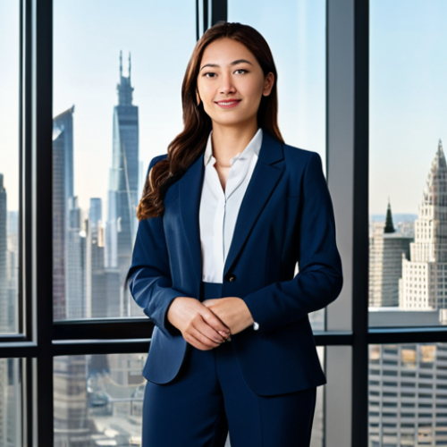 A professional businesswoman in a modest business suit, standing in a modern office with large windows overlooking a city skyline, fully clothed, appropriate attire, safe for work, perfect anatomy, natural proportions, professional photography, high quality.