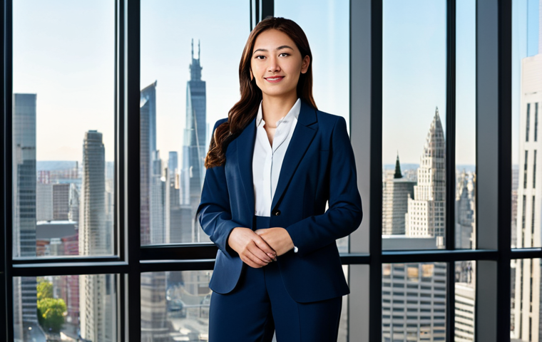 A professional businesswoman in a modest business suit, standing in a modern office with large windows overlooking a city skyline, fully clothed, appropriate attire, safe for work, perfect anatomy, natural proportions, professional photography, high quality.