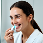 **Smart Face Cleaning:** "A woman smiling, gently using an electric facial brush on her cheek in a well-lit bathroom. Focus on the device and clear skin. Safe for work, appropriate content, fully clothed, modest, perfect anatomy, natural pose, high quality."