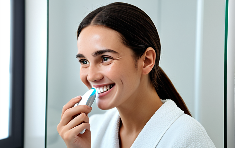 **Smart Face Cleaning:** "A woman smiling, gently using an electric facial brush on her cheek in a well-lit bathroom. Focus on the device and clear skin. Safe for work, appropriate content, fully clothed, modest, perfect anatomy, natural pose, high quality."