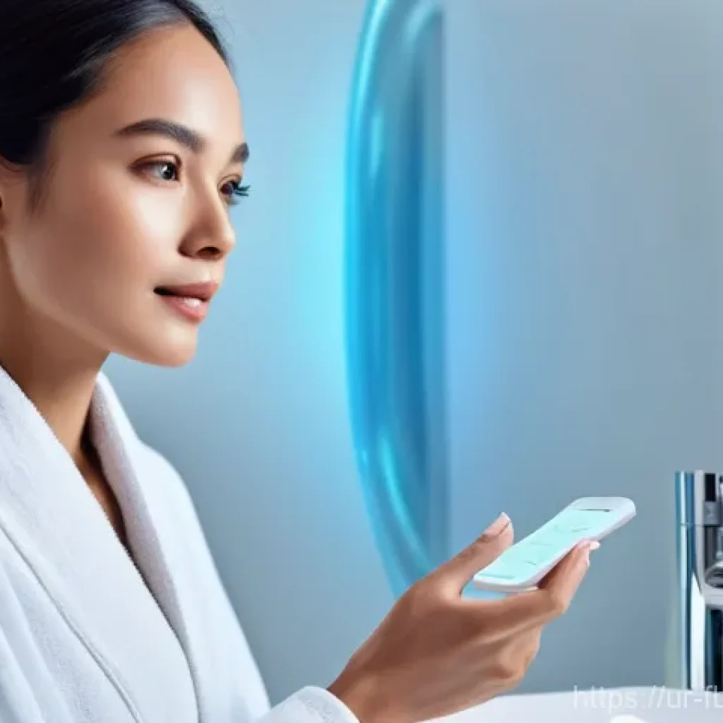 스마트 메이크업 디바이스 - **Prompt 1: Futuristic Home Skincare Analysis**
"A young woman, approximately 25-30 years old, w...