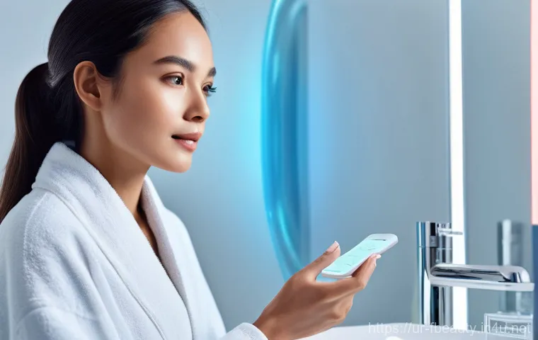 스마트 메이크업 디바이스 - **Prompt 1: Futuristic Home Skincare Analysis**
"A young woman, approximately 25-30 years old, w...