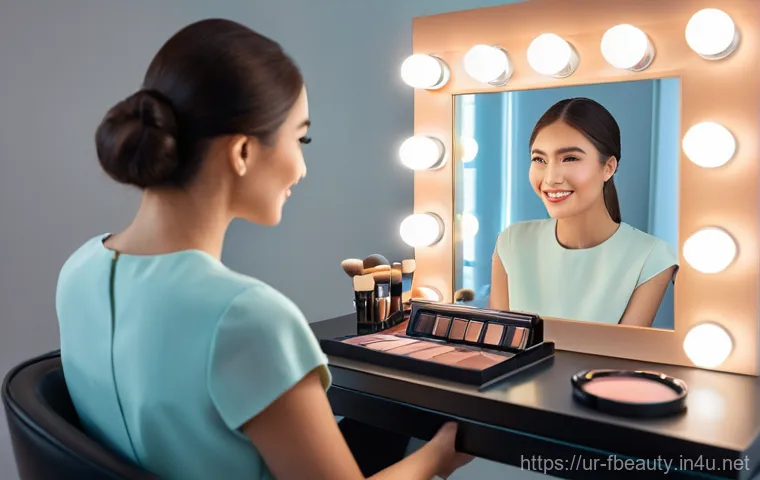 스마트 메이크업 디바이스 - **Prompt 1: Futuristic Home Skincare Analysis**
    "A young woman, approximately 25-30 years old, w...