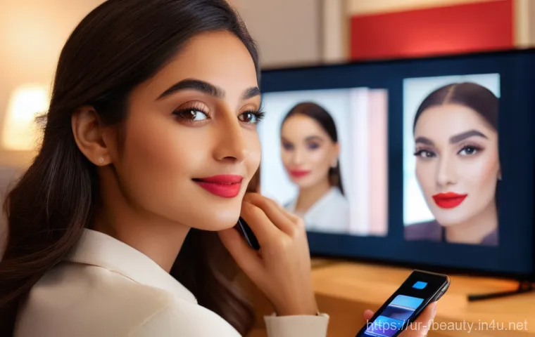 가상 메이크업 체험 - **Prompt 1: Virtual Makeup Try-On at Home - Convenience and Style**
"A vibrant portrait of a you...