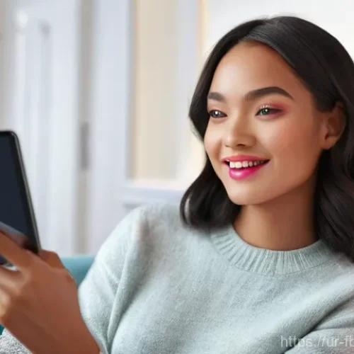 Home 28 증강 현실을 활용한 뷰티 마케팅 - **Prompt 1: The Magic of Virtual Try-On at Home**
"A vibrant, medium shot of a young woman (20s)...